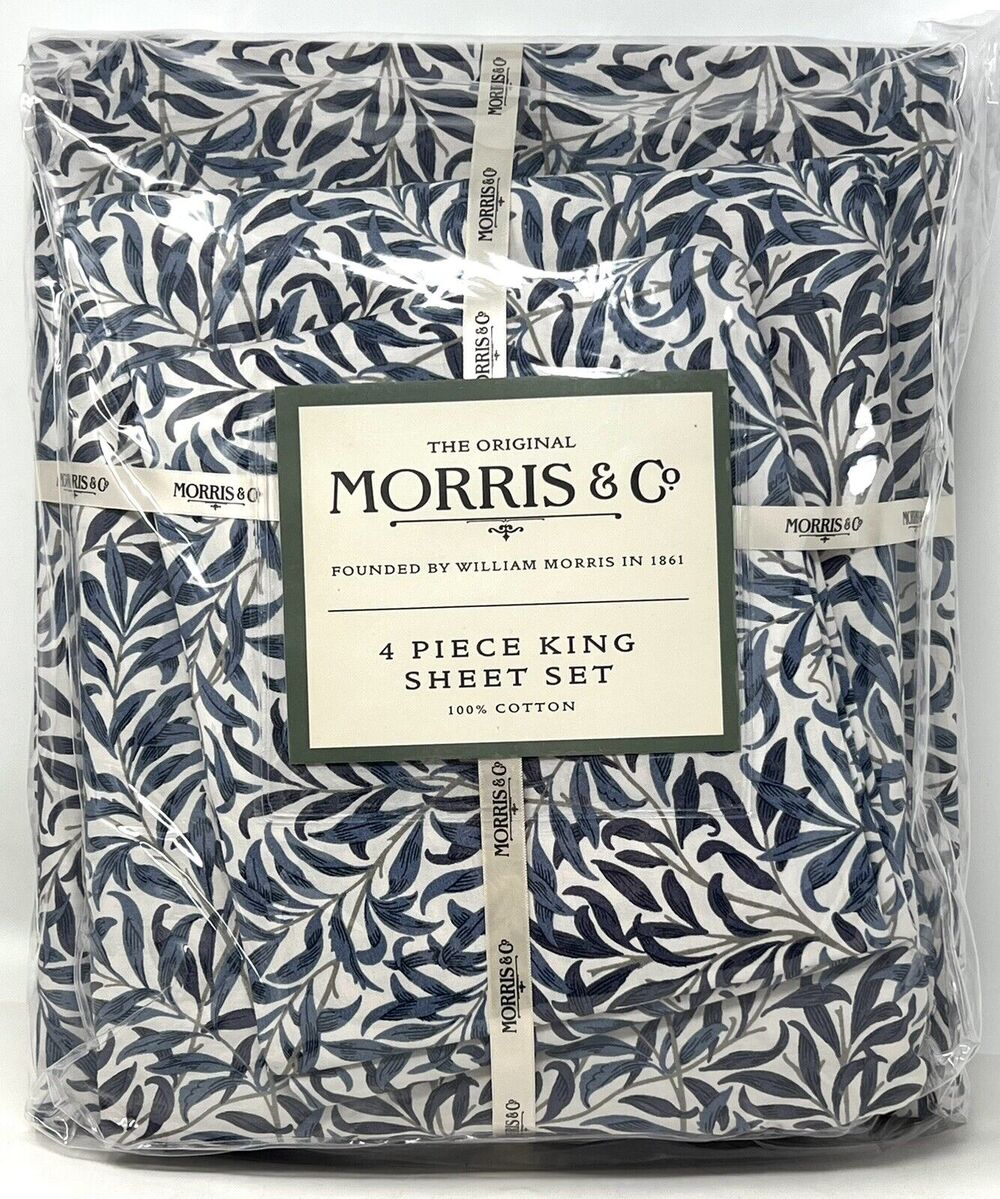 William MORRIS & CO KING Sheet Set Steel Blue All Cotton 4 pcs NIP